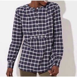 LOFT XS Navy Plaid Henley Bib Woven Popover Top Slit Sides Rounded Hem